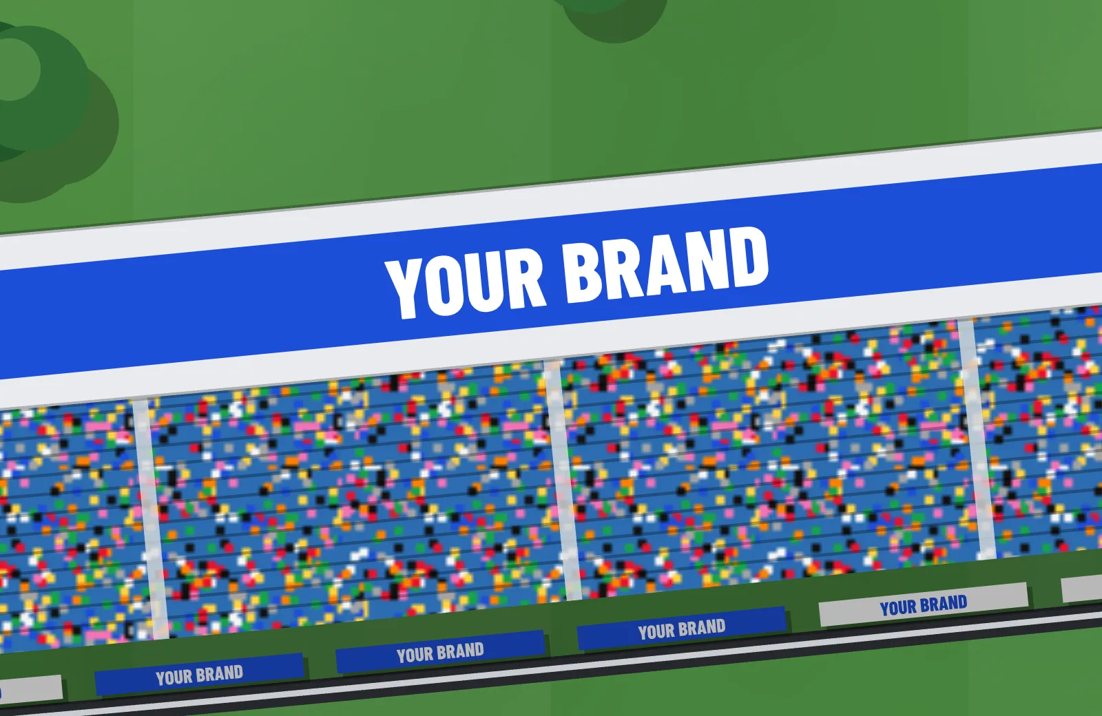 A grandstand roof covered by a giant brand logo, above a packed crowd
