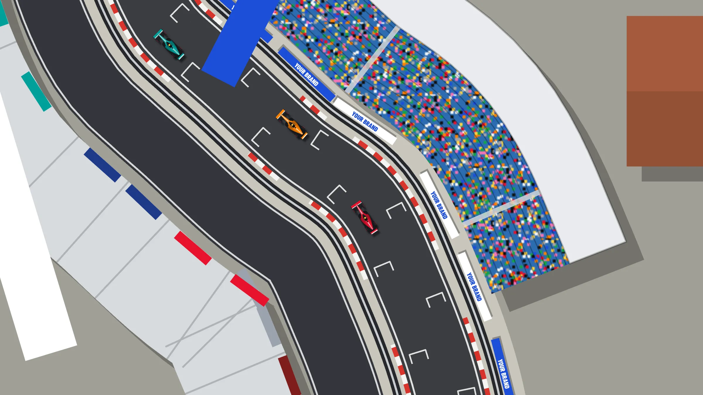 A street circuit seen from above where every board, roof and grandstand carries the same brand