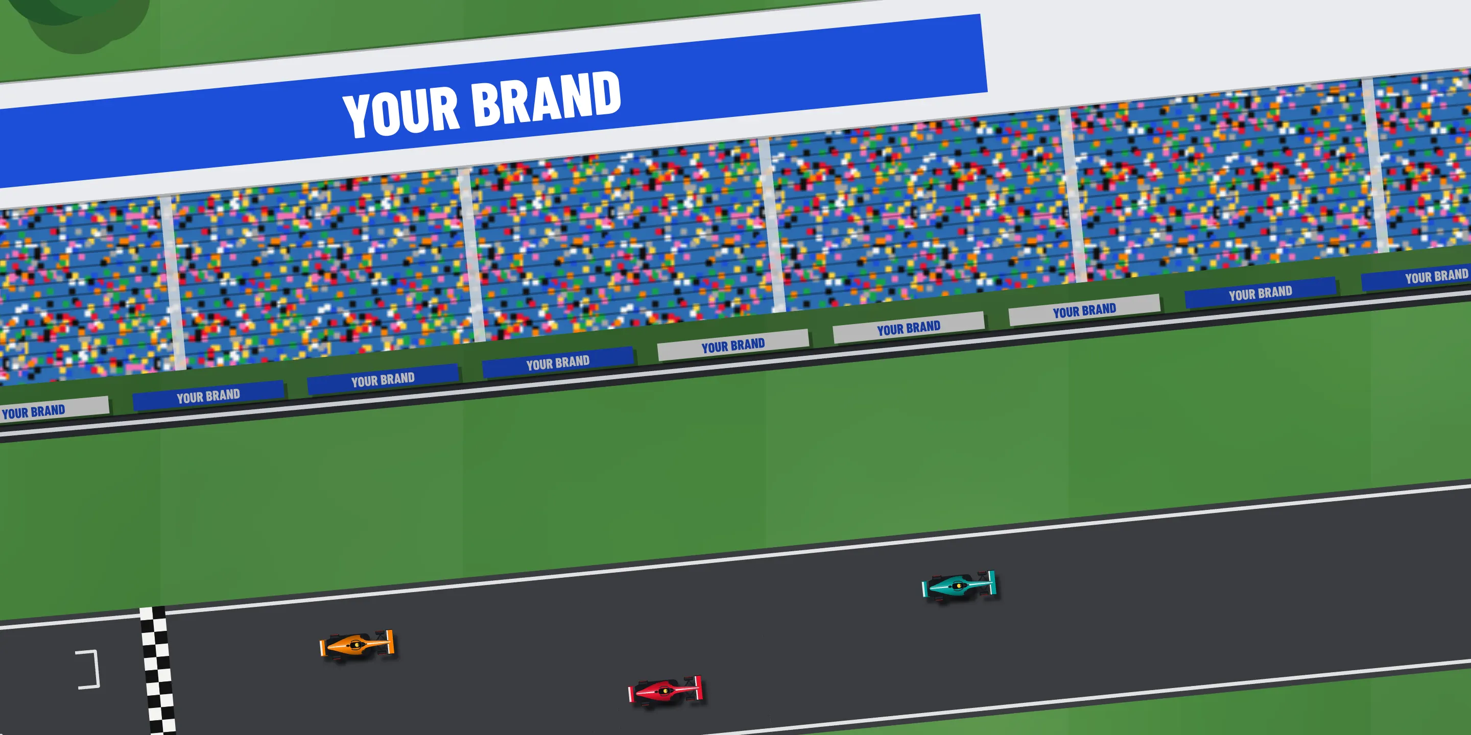 A grandstand roof and a line of trackside boards all carrying one brand, with cars racing past